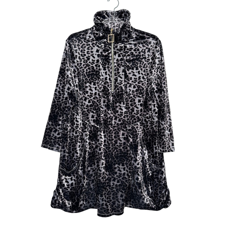 Calessa Leopard Print Velour Tunic Top Sz L Gray Black Qtr Zip Mock Neck Pocket